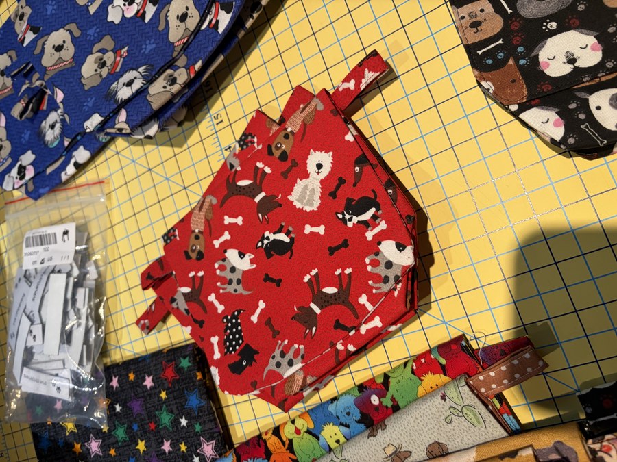 Process — red dog-and-bone pouches on the mat