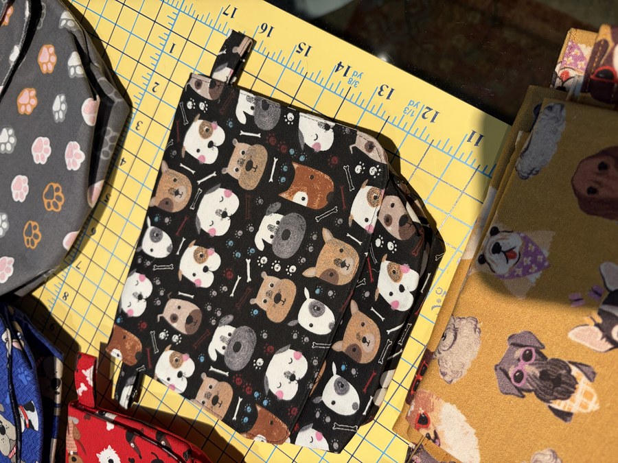 Process — black dog-face bag on the cutting board